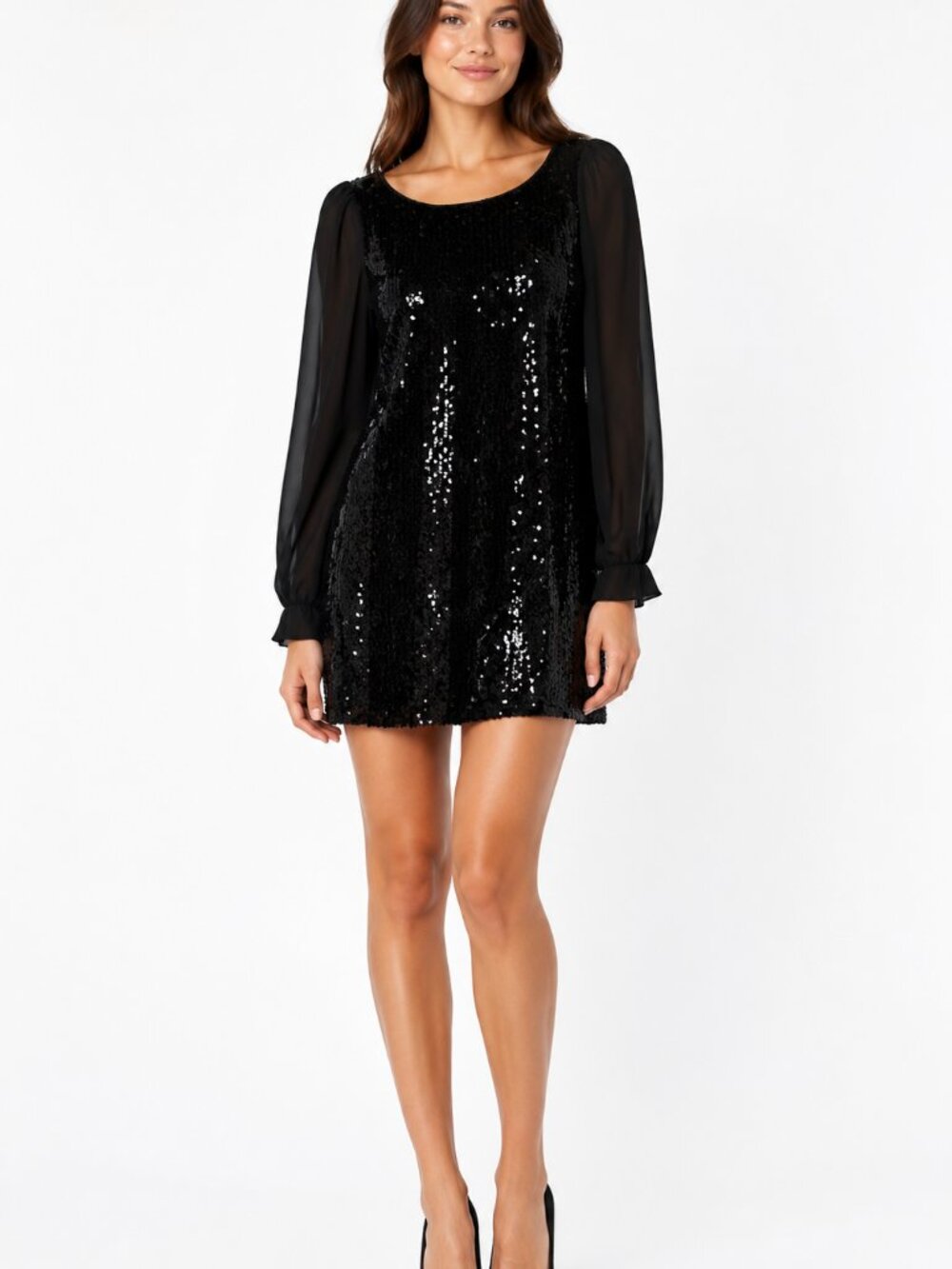 Jane Norman Black Sequin Mini Dress Sheer Long Sleeves UK 14 EUR 40